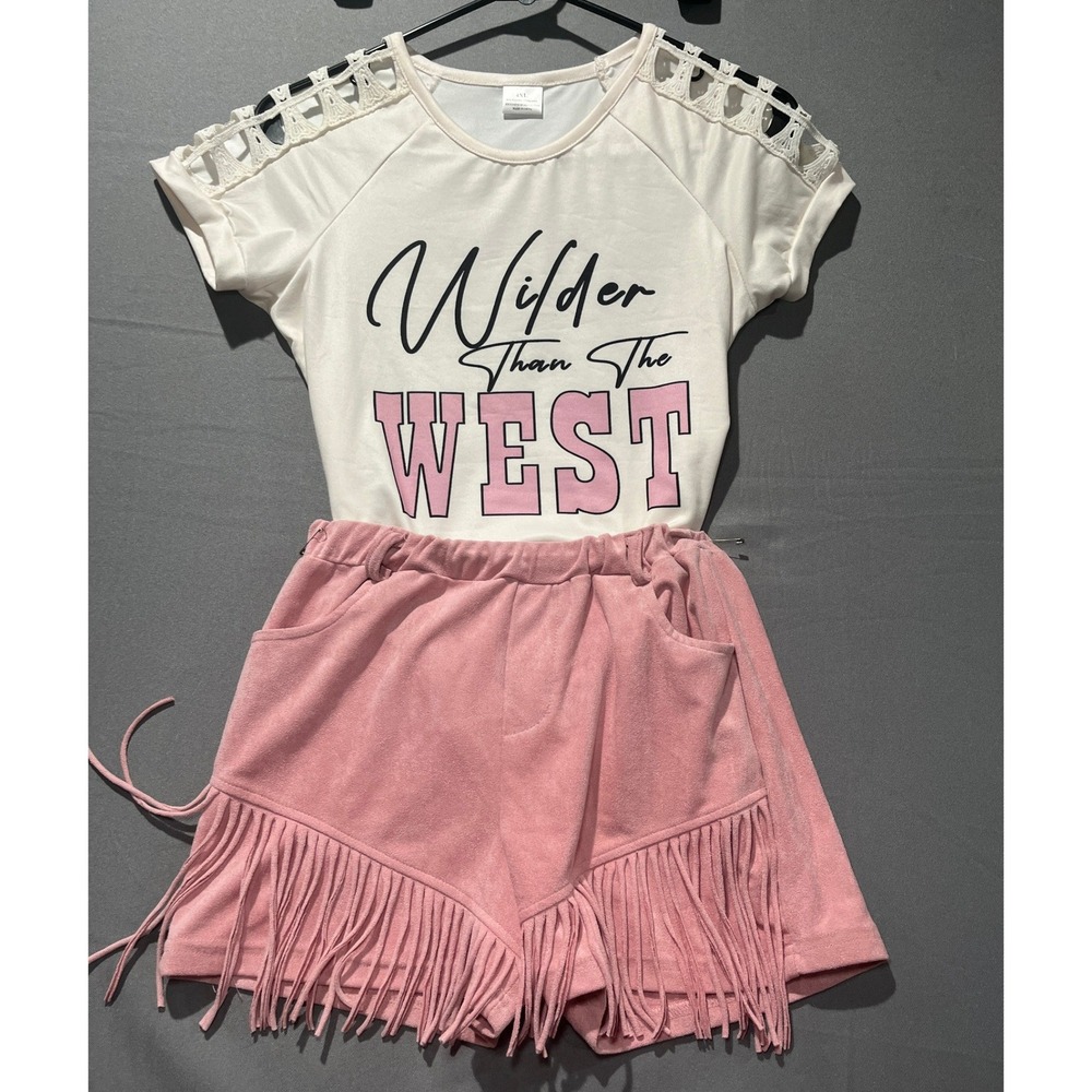 Wilder Than The West Girls Western Set Graphic Tee Fringe Shorts Pink Cream 4XL